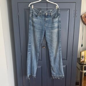 J. Crew Blue Mid Rise Straight Jeans in 1984 Rigid (Cecilia wash) w/ Frayed Hem